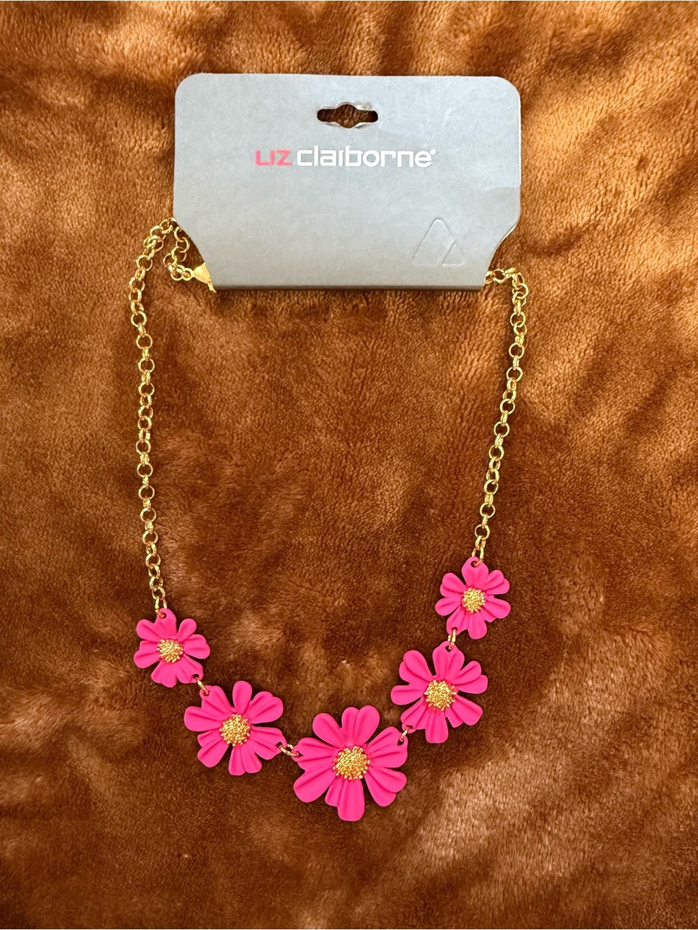 Liz Claiborne Hot Pink Flower Statement Necklace with Gold-Tone Chain